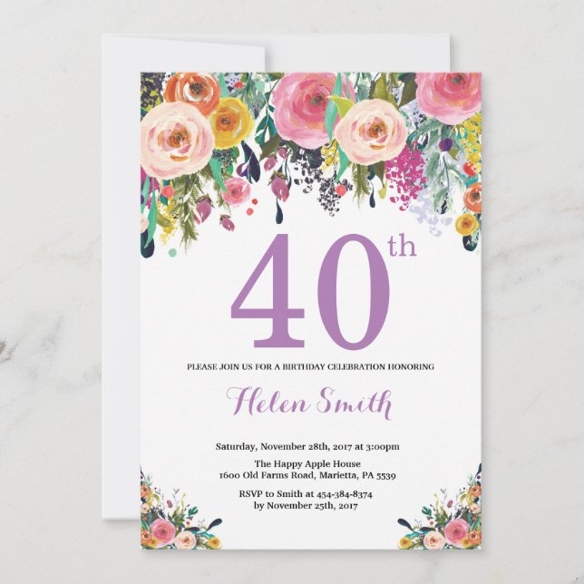 Floral 40th Birthday Invitation Purple (Front)