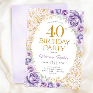 Floral 40th Birthday Lilac Purple Gold Invitation