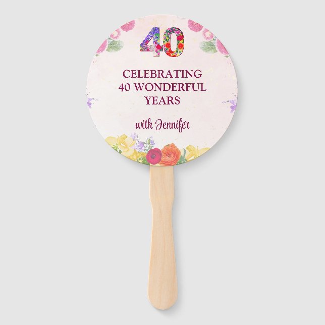 Floral 40th Birthday Party -  Elegant Pastel 40 Hand Fan (Front)