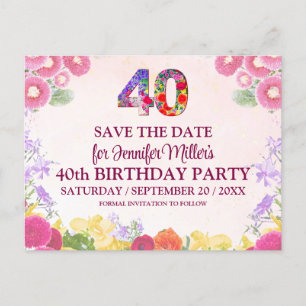 Floral 40th Birthday - Pastel 40 Save The Date Postcard