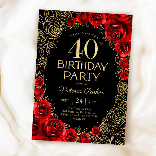 Floral 40th Birthday Red Black Gold Invitation