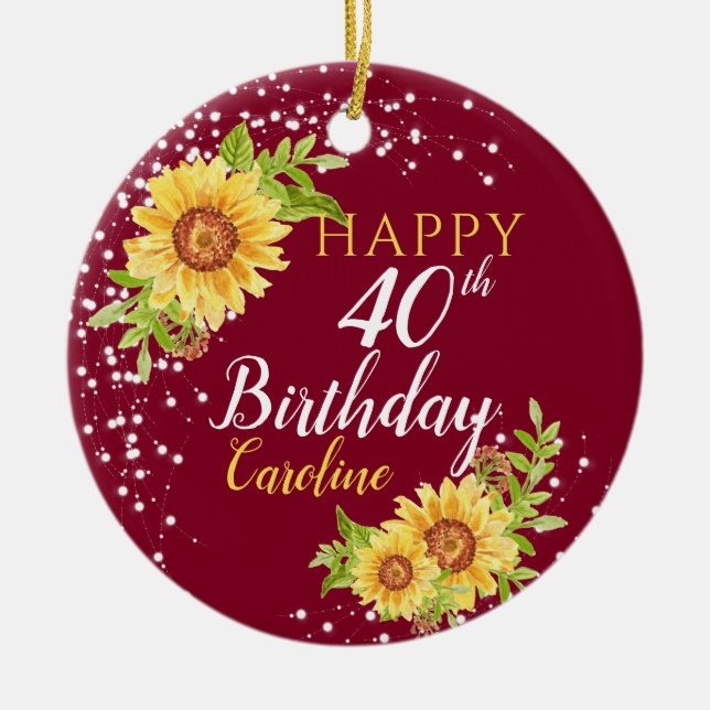 Floral 40th Birthday Sunflower Burgundy Ceramic Tree Decoration (Front)