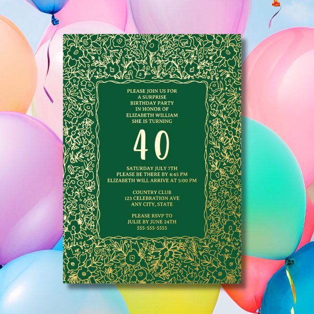 Floral 40th Surprise Birthday Template Green Gold (Creator Uploaded)