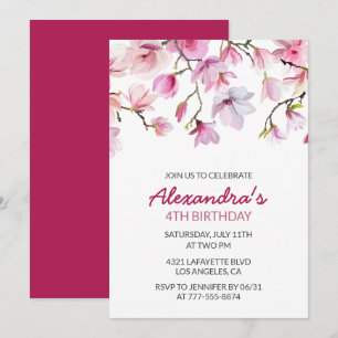 Floral 4th birthday invitation Watercolor Pink