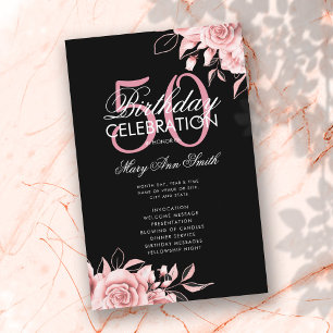 Floral 50 Birthday Program Rose Gold Black w/ Menu