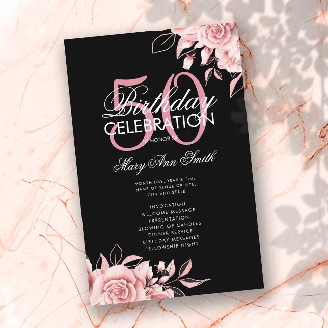 Floral 50 Birthday Program Rose Gold Black w/ Menu (Creator Uploaded)