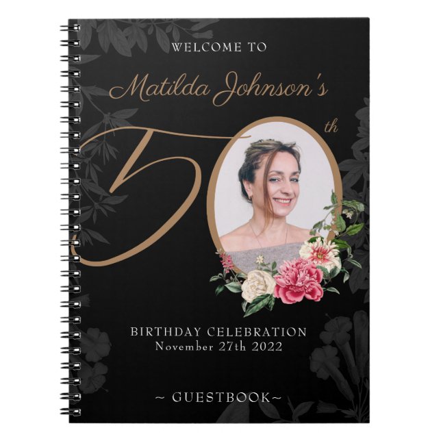 Floral 50th Birthday Black Gold Photo Guestbook  Notebook (Front)