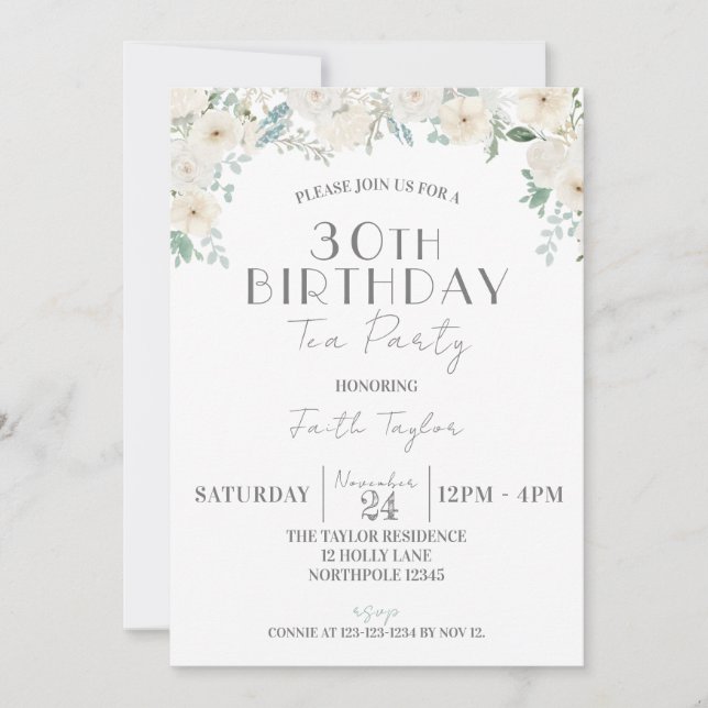Floral 50th Birthday Celebration, BIrthday Tea Invitation (Front)