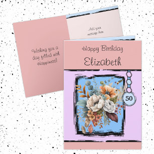 Floral 50th birthday custom name pink card