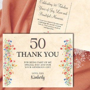 Floral 50th birthday elegant 50 years wildflowers thank you card