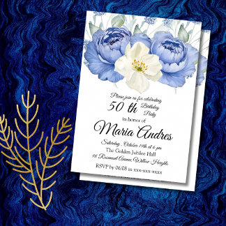 Floral 50th Birthday Elegant Watercolor white blue Invitation