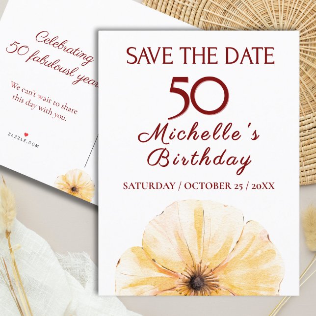 Floral 50th Birthday – Elegant Yellow Bloom Design Announcement Postcard (Creator Uploaded)
