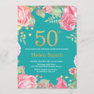 Floral 50th Birthday Gold Glitter and Teal Invitation