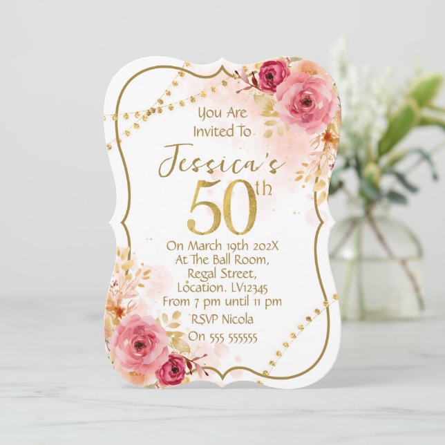 Floral 50th Birthday Invitation (Standing Front)