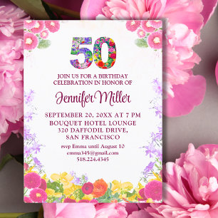 Floral 50th Birthday Invitation, Elegant 50 Years Postcard