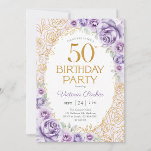 Floral 50th Birthday Lilac Purple Gold Invitation