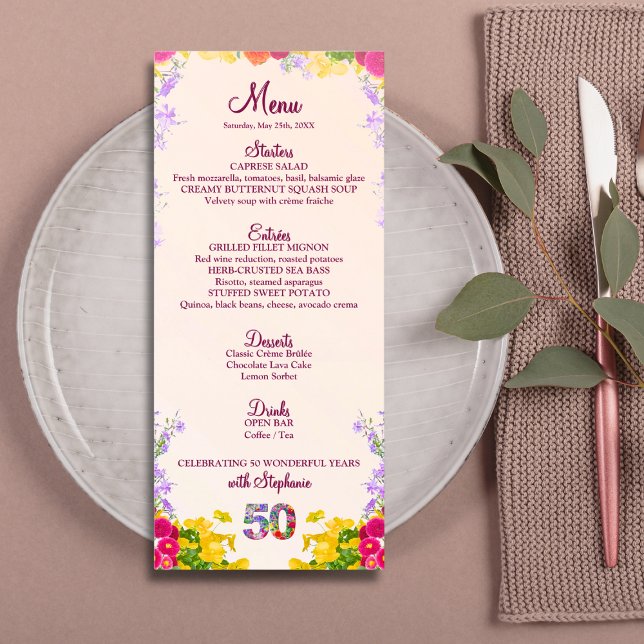 Floral 50th Birthday Menu Card elegant 50 years (Creator Uploaded)