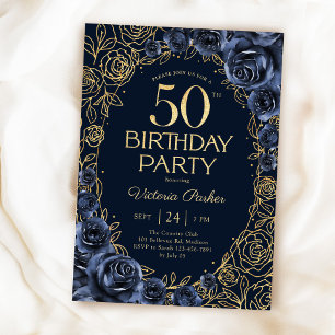 Floral 50th Birthday Navy Blue Gold  Invitation