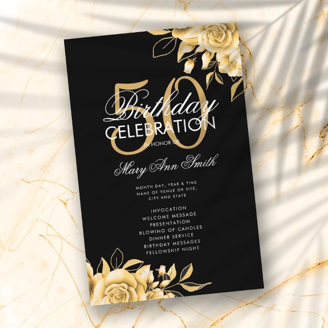 Floral 50th Birthday Program Gold & Black w/ Menu (Creator Uploaded)