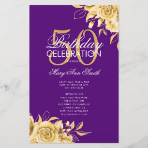 Floral 50th Birthday Program Gold & Purple w/ Menu