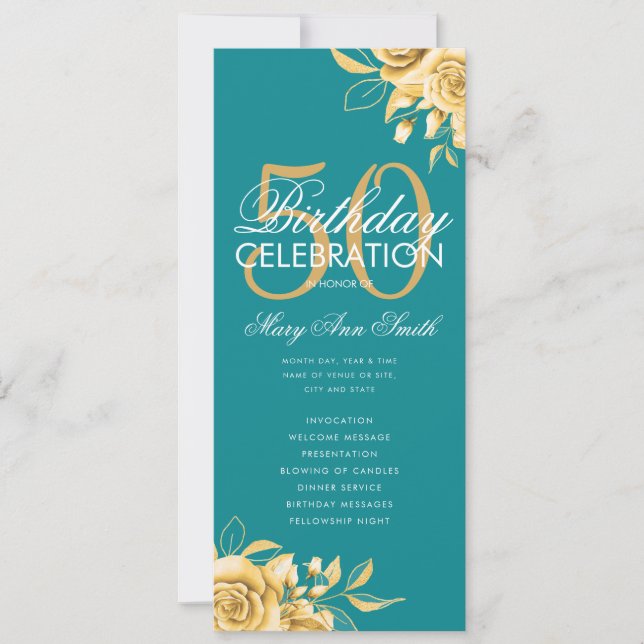 Floral 50th Birthday Program Gold & Teal w/ Menu Invitation (Front)