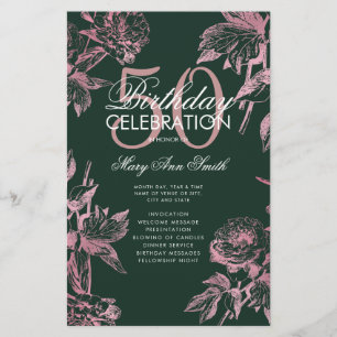 Floral 50th Birthday Program Rose Gold Green Menu