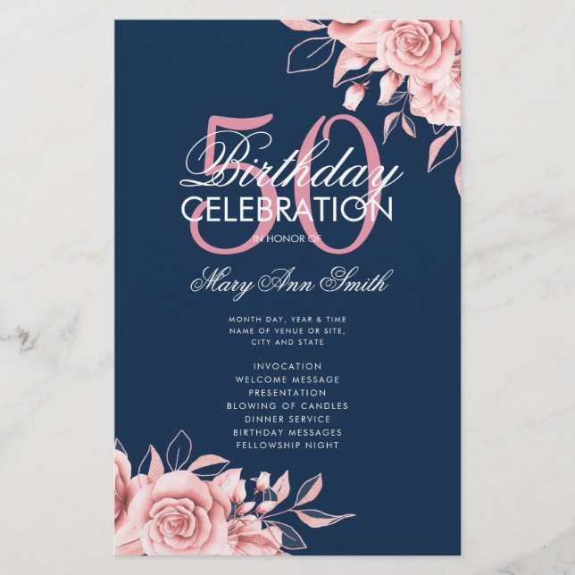 Floral 50th Birthday Program Rose Gold Navy Menu (Front)