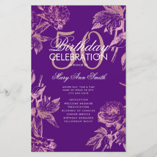 Floral 50th Birthday Program Rose Gold Purple Menu