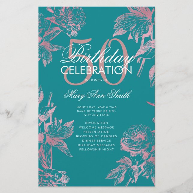 Floral 50th Birthday Program Rose Gold Teal Menu (Front)