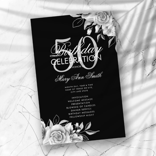 Floral 50th Birthday Program Silver Black w/ Menu (Creator Uploaded)