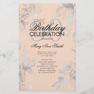 Floral 50th Birthday Program Silver Blush Menu