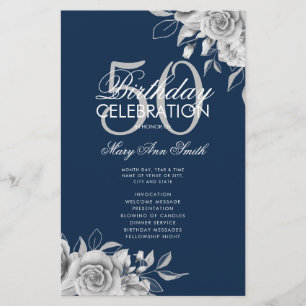 Floral 50th Birthday Program Silver Navy w/ Menu