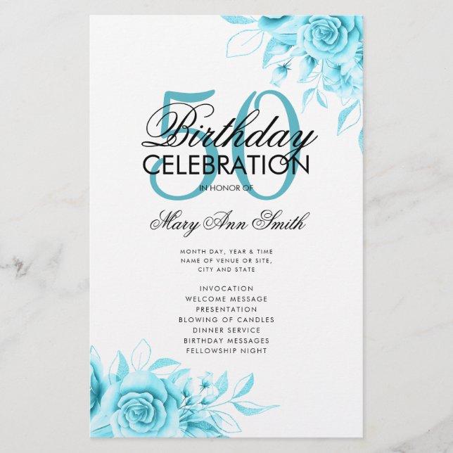 Floral 50th Birthday Program Teal w/ Menu (Front)