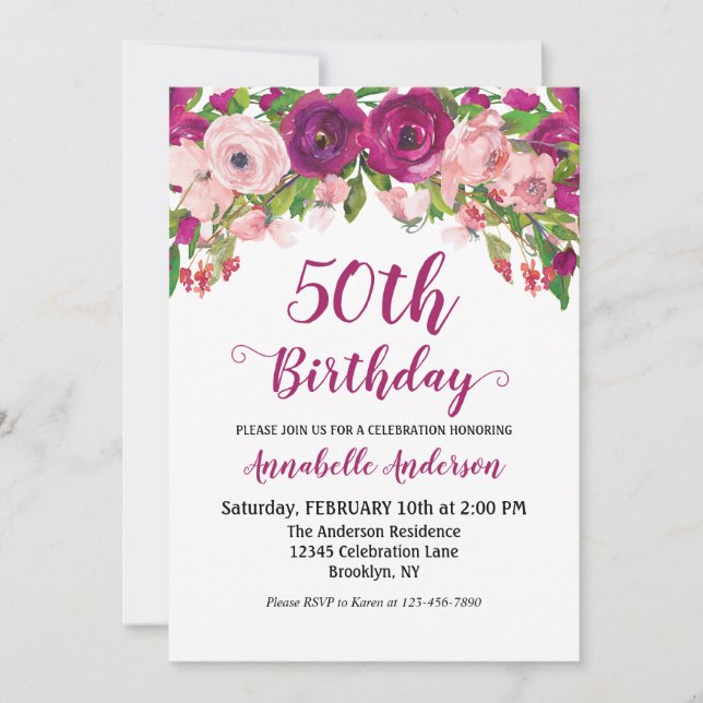 Floral 50th Birthday Purple Pink Watercolor Modern Invitation (Front)