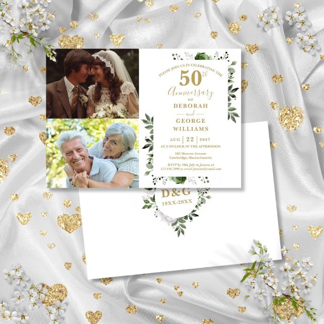 Floral 50th Wedding Anniversary Then & Now 2 Photo Invitation (Floral 50th Wedding Anniversary Then & Now 2 Photo Invitation)