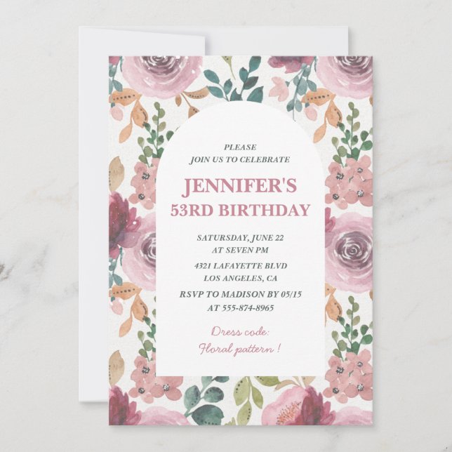 Floral 53rd birthday invitations Chic Watercolor (Front)
