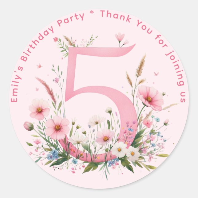 Floral 5th Birthday Thank You Favour Five Custom Classic Round Sticker (Front)