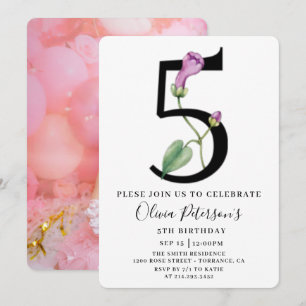 Floral 5th Birthday With Custom Photo Invitation 