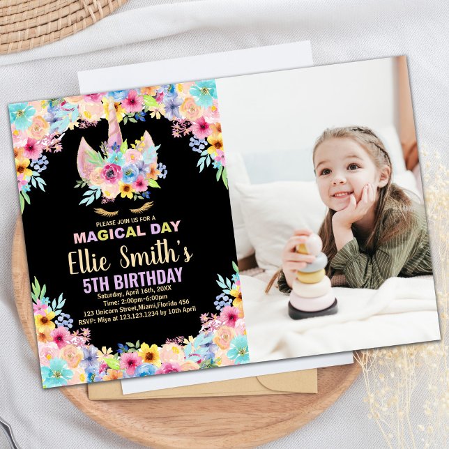 Floral 5th Photo Unicorn Birthday Invitations (Floral 5th Photo Unicorn Birthday Invitations)