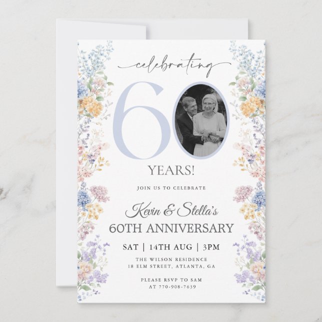 Floral 60th Anniversary Invitation With Photo (Front)