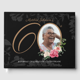 Floral 60th Birthday Black Gold Elegant Photo Guest Book