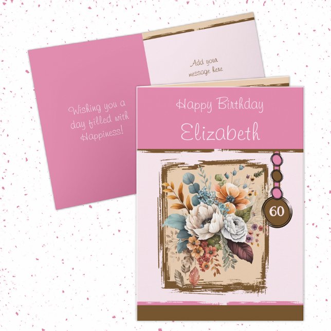 Floral 60th birthday custom name brown card (Creator Uploaded)