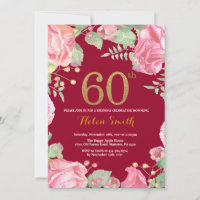Floral 60th Birthday Gold Glitter Burgundy Red