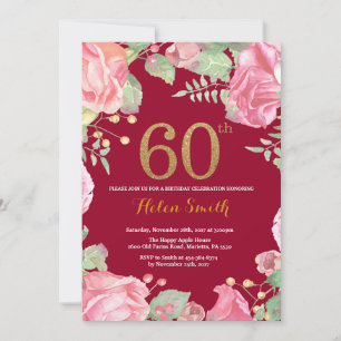 Floral 60th Birthday Gold Glitter Burgundy Red Invitation
