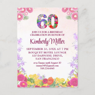 Floral 60th Birthday Invitation, Elegant 60 Years Postcard