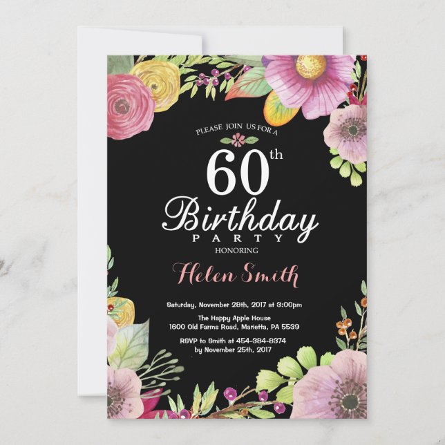 Floral 60th Birthday Invitation for Women (Front)