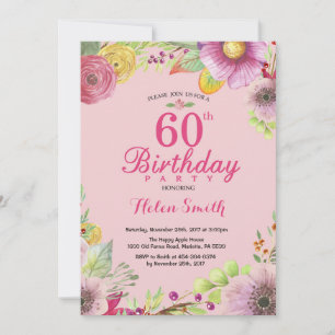 Floral 60th Birthday Invitation for Women Pink