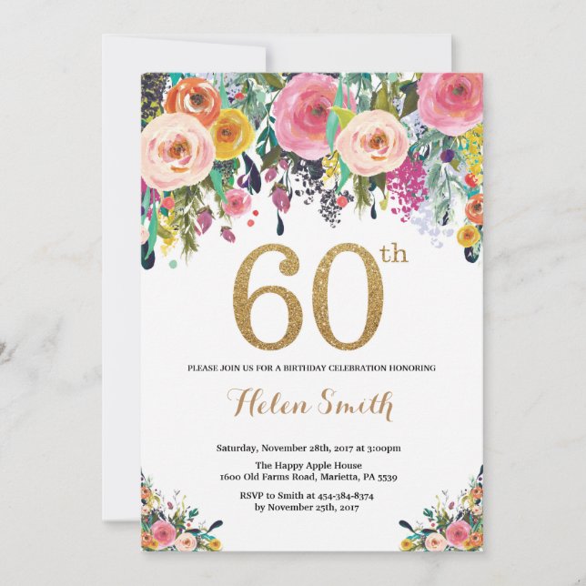 Floral 60th Birthday Invitation Gold Glitter (Front)