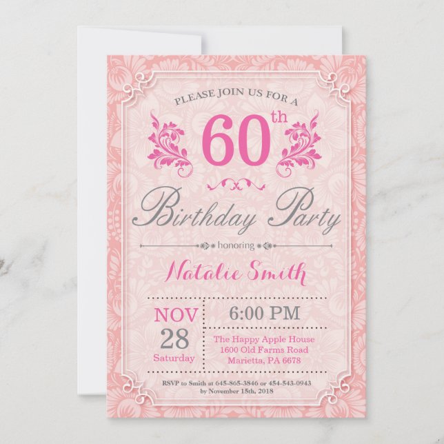 Floral 60th Birthday Invitation Pink for Women (Front)
