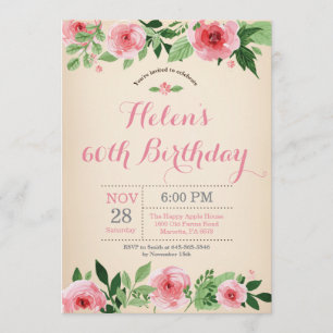 Floral 60th Birthday Invitation Pink Watercolor